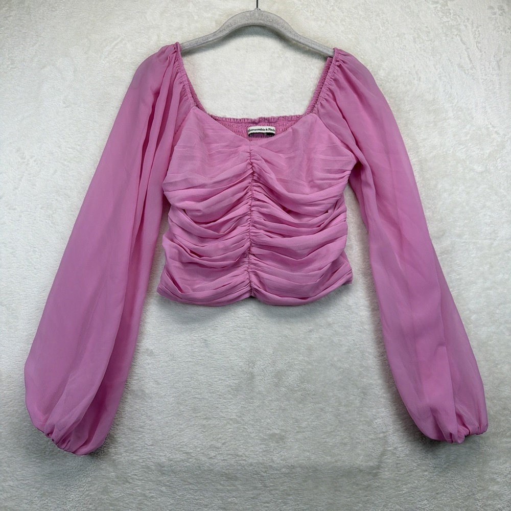 Abercrombie & Fitch Ruched‎ Crop Top Women's S Pink Puff Sleeve Y2K Coquette
